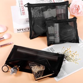 Fassave 8 Pack Mini Zipper Mesh Makeup Bags, Nylon Cosmetic Bags Toiletry Purse Travel Organizer Bags Inside Bag for Office Travel Organization (Black, S)