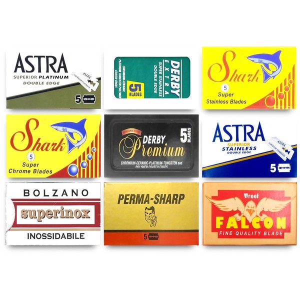 Astra-Derby-Shark-Permasharp-Bolzano-Treet 50 Quality Double Edge Razor Blades Sampler (9 different brands)