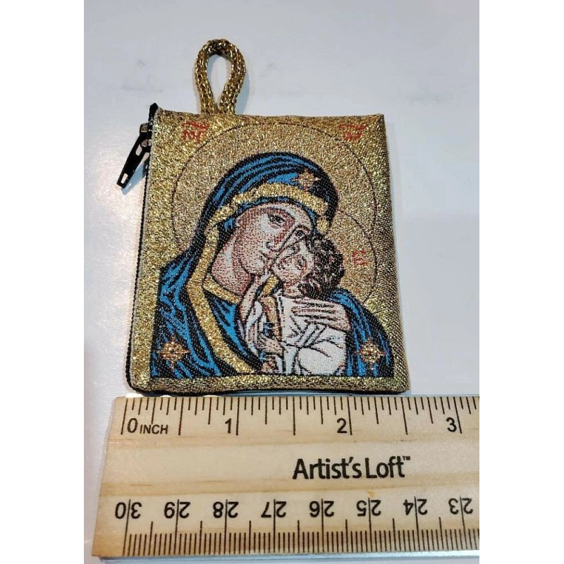Madonna and Child Full Color Zipper Rosary Pouch with Gold
