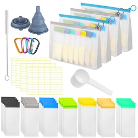 FBEHANA Protein Powder Travel Container Set,32Pcs reusable powder refill containers including 28Pcs single dose bags and 4 large zipper bags, portable refill storage containers with funnel, spoon (4)