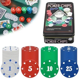 100 Piezas Juego de Fichas de Poker,4 Denominaciones Fichas Didacticas con Caja de Hierro, Juego de Póquer para Niños de 8 Años o Más y Adultos