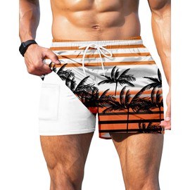 GIISAM Men's Swim Trunks, Bathing Suit 4 inch Inseam Quick Dry Swimsuit Beach Shorts with Compression Liner Orange