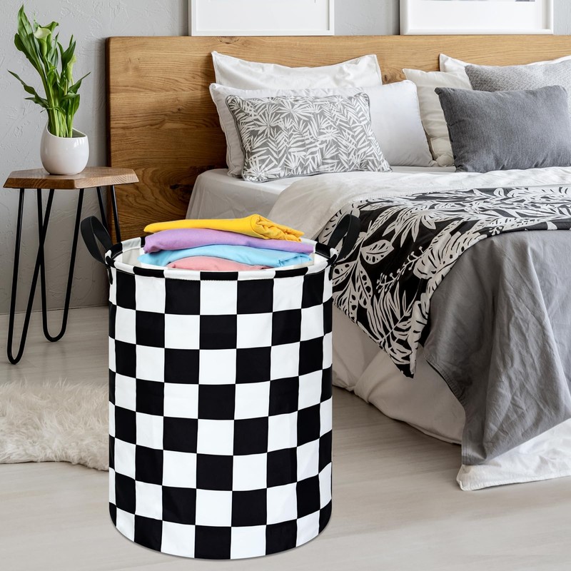 19.7 Inch Round Laundry Hamper Black Check Laundry Basket Fabric
