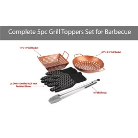 PitMaster King 5-Piece Copper Grill Topper Set: 11" & 8.5" Pans, Tongs, Heat Resistant Gloves - Stainless Steel, Compatible with Charcoal, Gas, Propane & Electric Grills