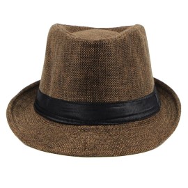Men Women Brown Fedora Hat, Straw Trilby Cuban Sun Cap Panama Short Brim Floral
