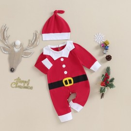 Newborn Baby My First Christmas Outfit Boy Girl Elf Santa Claus One Piece Romper Jumpsuit with Hat Infant Xmas Outfit (A Red 2, 6-12 Months)