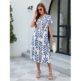 SEAFORM Women's Casual Long Dress V-Neck Retro Floral Print Dresses Elegant Long Fitted Dress for Women with Flowy Hemlines