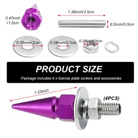 SHMZK 4 PCS Spikes License Plate Screws for Car, Anti Theft Spike Shape Aluminum Car Plate Frame Fastenings Bolt, Cool Licence Plate Screw Set for Car Truck Motorcycle, Car Accessories (Purple)