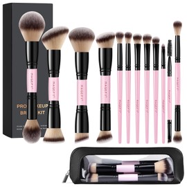 MAGEFY Makeup Brushes 12Pcs with Bag, Double-End Multi-functional for Foundation Powder Blush Eyeliner Eyeshadows brushes with Gift Box,Pink