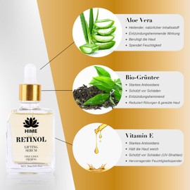 Retinol Serum 1% High Dose Organic 30 ml with Aloe Vera Hime® Retinol with Aloe Vera and Hyaloronic Acid and Green Tea Extract to Improve Skin Complexion and Anti-Ageing