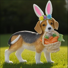 Cynkeyee Dog Garden Statue Decoration - Cute Puppy Beagle Statues with Bunny Ears Carrot Basket Figurines for Tabletop Self Floor Indoor Decor 11.5x4x10.5 inch