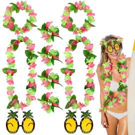10 Pcs Hawaiian Fancy Dress Set,Hawaiian Leis Garland Pineapple Sunglasses Necklace Headband Wristbands,Tropical Lei Flower for Summer Luau Theme Beach Party Decorations,Vacation Party Supplies,Green