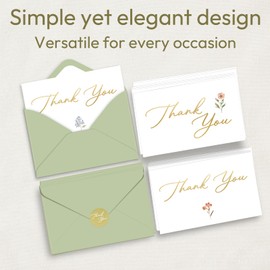 MAOBUYOU 24 Pack Floral Thank You Cards with Envelopes, Bulk Greeting Cards 4x6 Inches, Green Envelopes