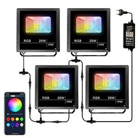 Flood Light Kit - 4 Lights 20W Each Waterproof RGB Color Changing and White, Bluetooth App Control, 80 Watts Total, Built-in Timer, Programming, Music Sync, Mesh Capable(Complete 4 Light Set)