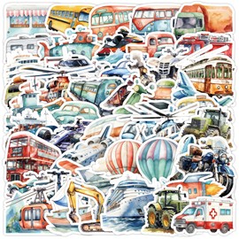 50PCS Watercolor Retro Transport Sticker Packs, Cute Hand-Painted Transport Car, Train, Airplane Stickers, for Bicycles, Laptops, Luggage Carriers, Vinyl Waterproof Stickers