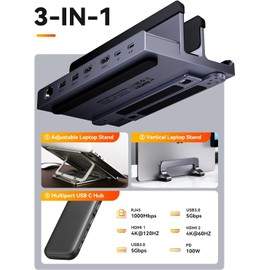 USB C Docking Station Dual Monitors 4K,QUUGE Vertical Laptop Dock Station Stand with Double HDMI (Single 4K@120Hz), 2 USB3.0 Ports, 100W PD, RJ45 Ethernet for MacBook Air/Pro,HP,Dell,Lenovo