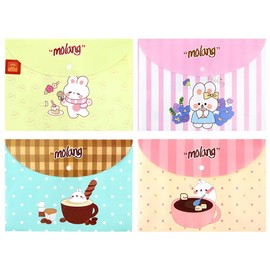 4 Pcs A4 File Folders Organizer,Cute Cartoon Rabbit Bunny Plastic Wallets Filing Envelopes Document Folders Document Files Popper with Button for Kid Business School Home Office