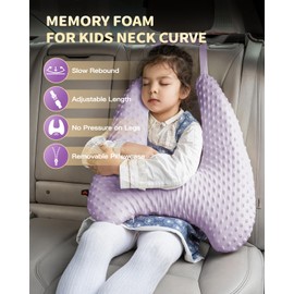 Memory Foam Kids Travel Pillow, Car Pillow for Kids, H-Shape Car Pillows for Sleeping, Removable Pillowcase, Adjustable, Velvet Dots, Purple
