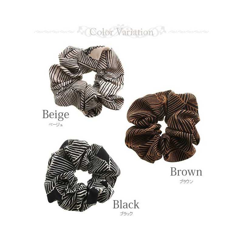 VINGTAINE HS-127-BE Botanical Pattern Scrunchie, Simple, Casual, Daily Chiffon Hair