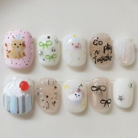 Cute Handmade Press on Nails Extra Short Square 3D Unique Reusable ABS Material Luxury Fake Nails Cat False Nails with Designs Cupcake Pig Art Glossy Glue on Nails Thick Acrylic Nails(S)
