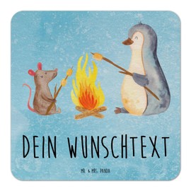 Mr. & Mrs. Panda Personalisierter Bierdeckel Pinguin Lagerfeuer 100er Set - Personalisierte Geschenke, Tischdeko personalisiert, Maus, Büro,