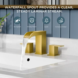 QFN Gold Bathroom Faucets Waterfall Bathroom Sink Faucet 3 Hole with Pop-up Drain and Supply Lines, Brushed Gold Lead-Free Widespread Bathroom Faucet for 6''-12'' Vanity Farmhouse Sink