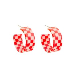 QLUYCKW Checkered Big Grid C Shape Hoop Earrings Colorful Chunky Shape Trendy Earrings Cute Candy Acrylic Resin Earrings Jewelry for Women (Wide Red)