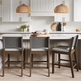 Nathan James Linus Modern Upholstered Counter Height Bar Stool with Faux Leather Back and Solid Rubberwood Legs in a Wire-Brushed Dark Brown Finish, Birch Ivory/Pewter Grey