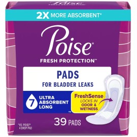 Poise Incontinence Pads for Women, 7 Drop Ultra Absorbency, Long Length,39 Count