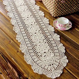 Laivigo Handmade Crochet Lace Oval Lucky Flower Tablecloth Table Runner Doilies Doily,12 x 35 Inch,Beige