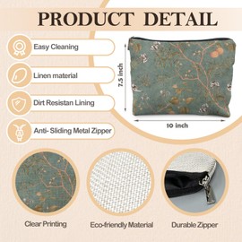 RYYCDOI Vintage Floral Bird Makeup Bag, Chinoiserie Green Floral Cosmetic Bags for Women, Rustic Country Botanical Zipper Makeup Pouch