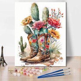 Rebotipy Paint by Number for Adults Beginner, Cowboy Boots Cacti and Flowers DIY Painting by Numbers Kits for Kids Paint Kits Canvas Arts Crafts for Home Decor 16x20 Inch