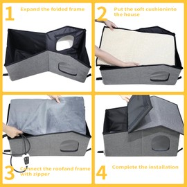 Heated Cat House for Outside-Waterproof & Windproof Outdoor Cat Shelter with Removable Heating Pad & LED Lights for All Seasons (Gray, 12"x24")