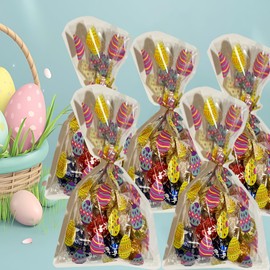 BASHOUT 100 Easter Cellophane Treat Bags, Colorful Egg Pattern, Ties are Included, Clear Bags Perfect for Candy, Colorful Easter Baggies