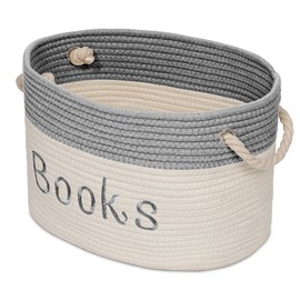 Embroidered Tote Bin - Storage Basket for Nursery - Large Storage Box - Organizing Bedroom, Closet, Classroom (White Book Basket)