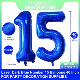 Blue 15 Number Balloons 40 Inch Giant Laser Navy Blue 15 Helium Balloons for 15th Boys Birthday Party Supplies 15th Anniversary Events Decorations