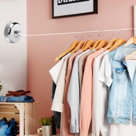 Catcan Retractable Clothesline, Stainless Steel Round Clothes Line Retracting Indoor for Hotel, Bathroom, Laundry with 10 PCS Metal Clothespins Adjustable Rope Shower Clothing Line(9.2FT Nylon String)