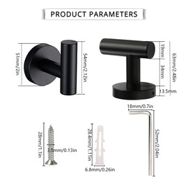 JPGhaha Towel Hooks, Matt Black Bathrobe Hooks, Coat Hooks, No Drilling, Max. 15 kg, SUS 304 Stainless Steel Hooks, Smooth Surface for Bathroom, Toilet, Kitchen, Pack of 2