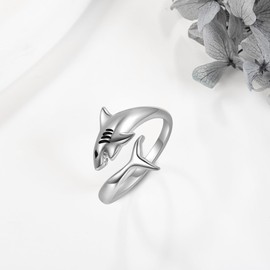 AXOMY Shark Ring 925 Sterling Silver Adjustable Open Shark Rings Shark Jewelry Ocean Gifts for Women Men Shark Lovers