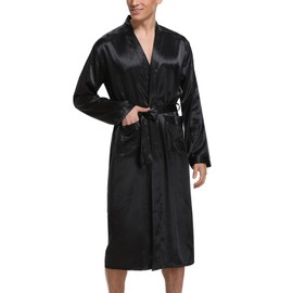 Irdcomps Men's Robes Satin Dressing Gown Silk Kimono Bathrobe Lightweight Nightgown Classic Nightwear Long Sleeve Sleepwear with Pockets Loungewear Black XXL