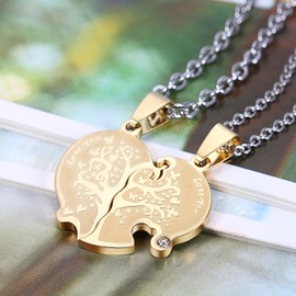 Flongo 2 Stück Partner Anhänger Halskette Set, Strass Edelstahl Kette Love you Gravur Baum des Lebens Tree of Life Herz Herzchen Puzzle Gold Golden Partnerketten Lieben Herren,Damen Schmuckset