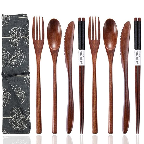 Busnos Reusable Wooden Utensils for Eating 8 Pcs Travel Wooden