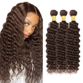 WuvuSnm Dark Brown Bundles Brown Deep Wave Human Hair Bundle 18 20 22 inch #4 Deep Wave Bundles 300g