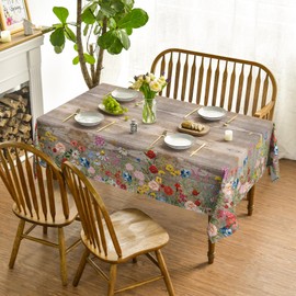 Horaldaily Spring Tablecloth 60×120 Inch Rectangular, Flowers Brown Wood Grain Washable Seasonal Table Cover for Party Picnic Dinner Decor