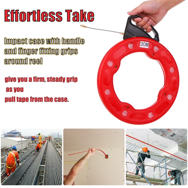 30M Fiberglass Fish Tape Reel Puller Conductive Electrical Cable Puller