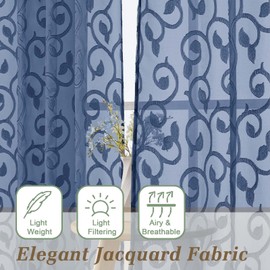 WelvetBLK Sheer Dusty Blue Curtains for Bedroom Living Room 63 Inch Length 2 Panels Set, Soft Airy Light Filtering Geometric Jacquard Clip Curtains Drapes, Modern Rod Pocket, 2Pcs 42" Wx63 L Inch