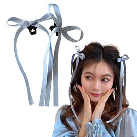 Butterfly Clip, Ribbon Hair Ornament, Ribbon Tie, Korean Style, French Style, Sweet Atmosphere, Birthday, Recital, Fireworks Display, Coming of Age Ceremony, School Entrance Ceremony (Set of 2) (Blue)