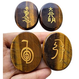 Lovionus89 4 Pcs Tiger's Eye Engraved Chakra Stones Healing Crystal Reiki Balancing Palm Stone, 45mm