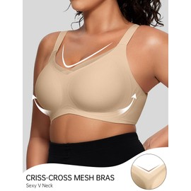 OEAK Womens Wireless Bras V Mesh Comfortable Bralette Supportive Tshirt Bra No Underwire Seamless Push Up Everyday Bras, Semolina, Medium