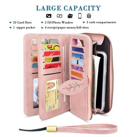 Conisy Large Capacity Purses for Women,Long Leather Multiple Card Slots Ladies Wallet with RFID Protection (Pink)